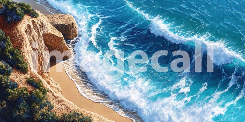 Stunning Aerial View Ocean Waves Crashing on Sandy Beach