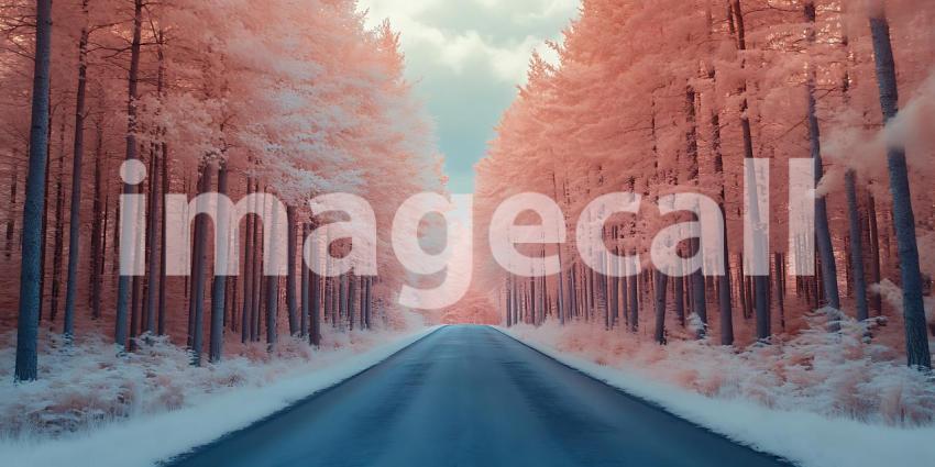 Winter Road Snowy Trees and Serene Landscape