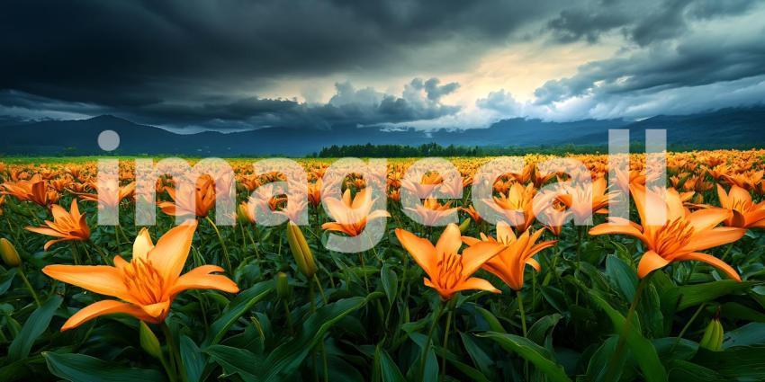 Orange Lily Field Dramatic Sky Stunning Nature Photography