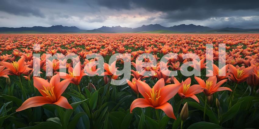 Stunning Orange Tulip Field Under Dramatic Sky