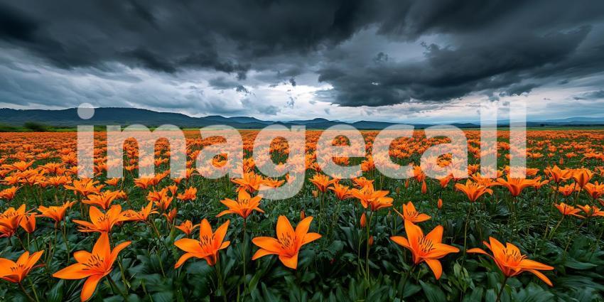 Dramatic Sky Over Orange Flower Field Stunning Nature Photograph