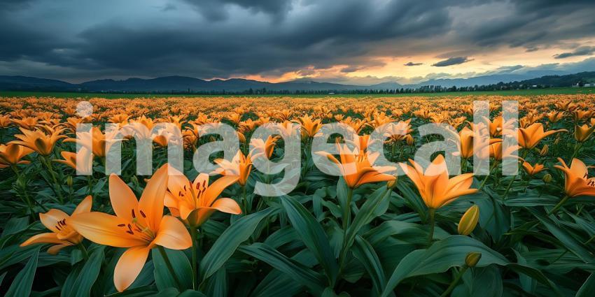 Orange Lily Field Dramatic Sunset Landscape Photography