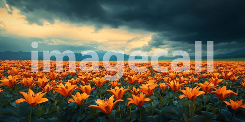 Dramatic Sunset over Orange Tulip Field