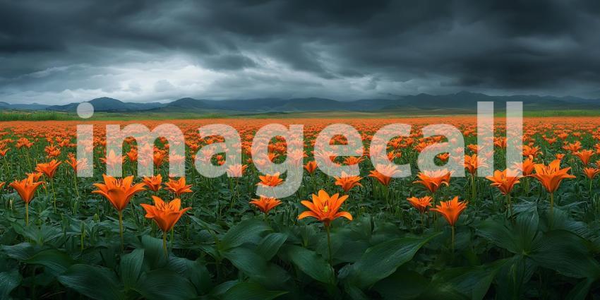 Orange Flower Field Under Dramatic Sky Stunning Nature Photograp