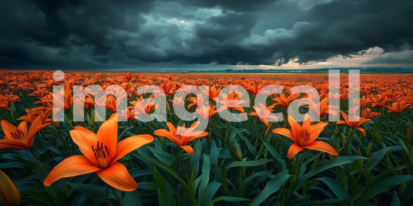 Fiery Orange Lilies Under a Dramatic Sky A Stunning Nature Photo