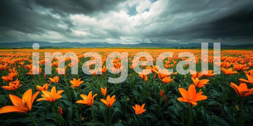 Orange Poppy Field Under a Dramatic Sky