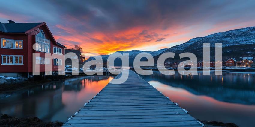 Stunning Sunset over Norwegian Fjord Canal Winter Reflections