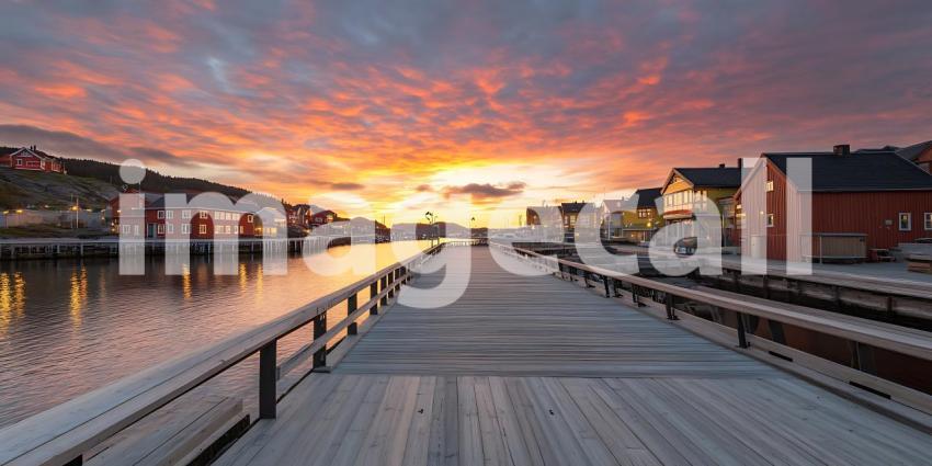 Vibrant Sunset over Quaint Waterfront Town Scenic Coastal Pathwa