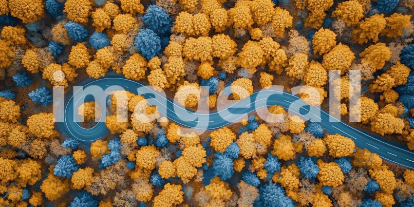 Autumn Road Aerial View of Winding Path Through Golden Forest