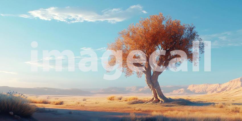 Lone Tree in Desert Landscape Artistic Digital Painting