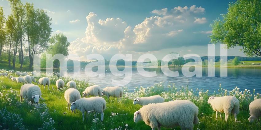 Peaceful Pastoral Scene Sheep Grazing by a River
