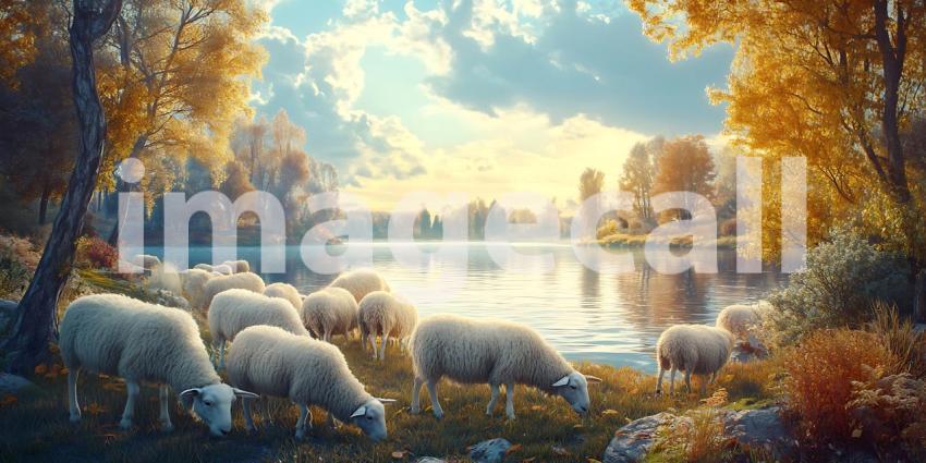 Peaceful Autumn Scene Sheep Grazing by a Calm Lake