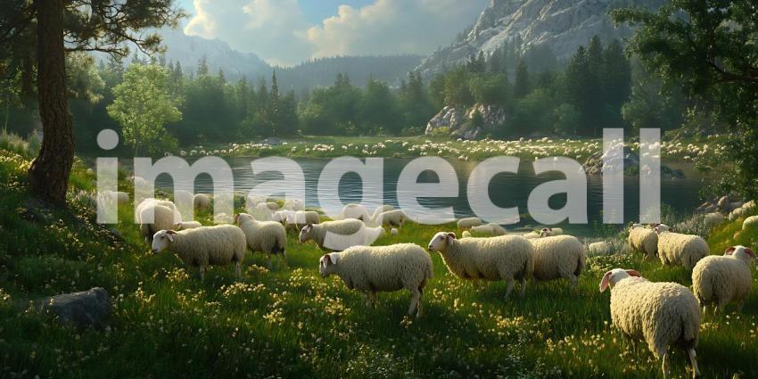 Peaceful Pastoral Scene Sheep Grazing by Serene Mountain River