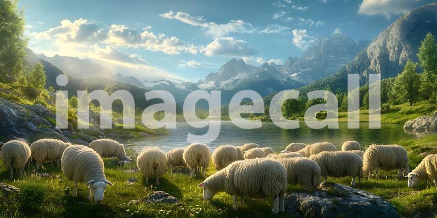 Peaceful Pastoral Scene Sheep Grazing in Idyllic Mountain Valley