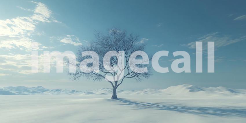 Serene Winter Landscape Lone Tree in a Foggy Field