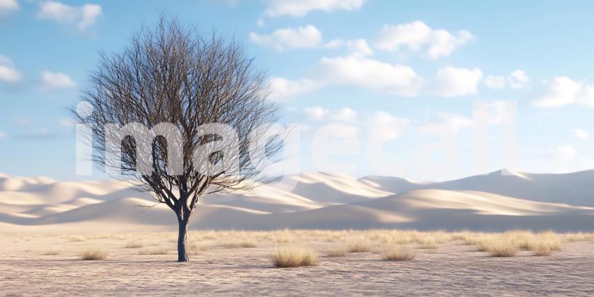 Solitary Tree in Desert Landscape A Serene Digital Art Piece
