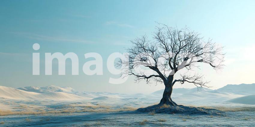 Winter Landscape Solitary Tree in Snowy Hills  Digital Art