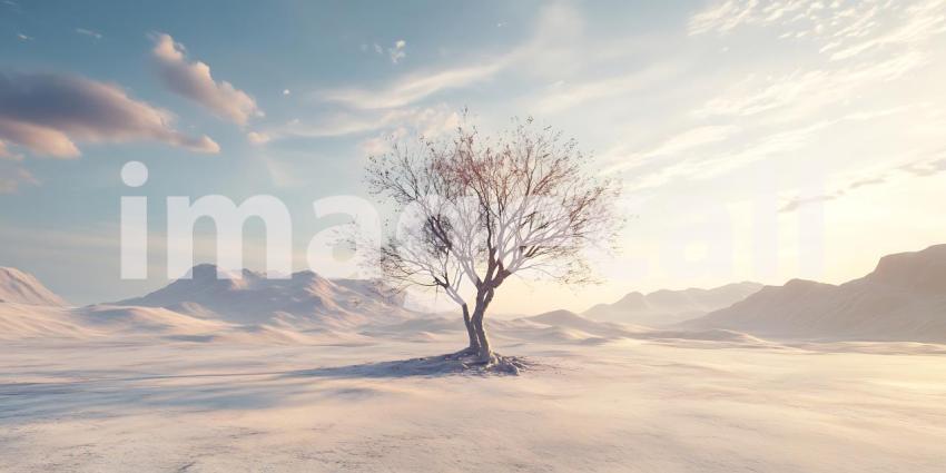 Winter Landscape Lone Tree in Snowy Mountains