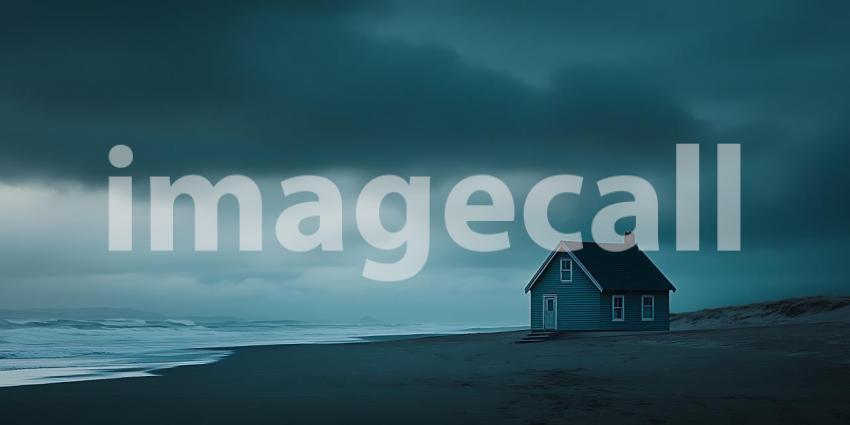 Dramatic Coastal Scene Two Figures Under a Gloomy Sky