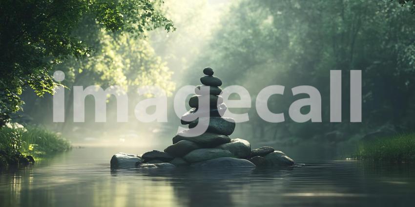 Serene River Scene Balanced Rocks in a Misty Forest