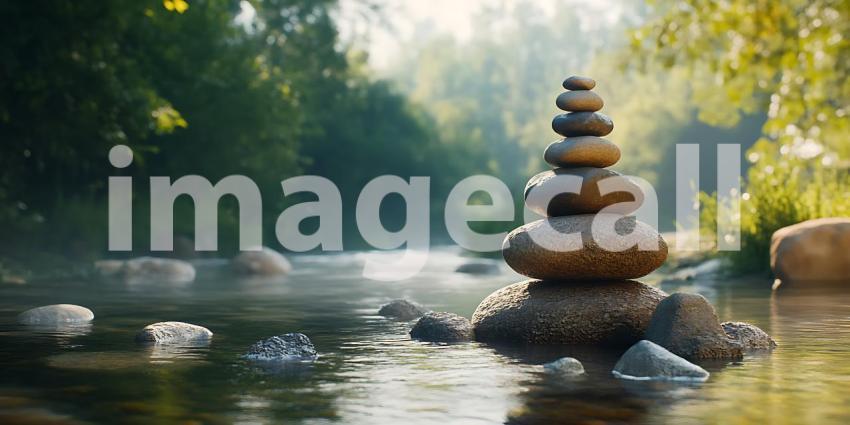 Serene Stacked Stones by Calm Water A Peaceful Nature Scene