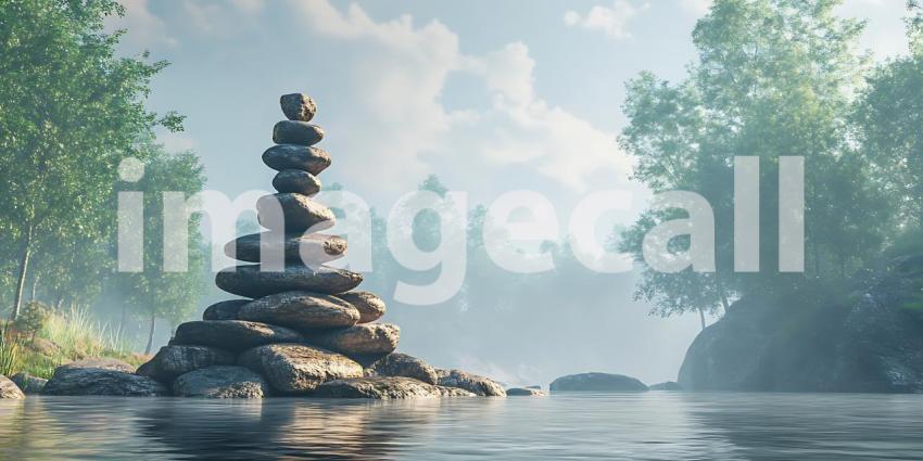 Serene Nature Scene Balanced Rocks by Calm River Peaceful Landsc