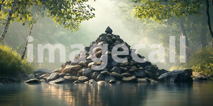 Lush Jungle River Scene Pyramid of Rocks Tranquil Water Backgrou