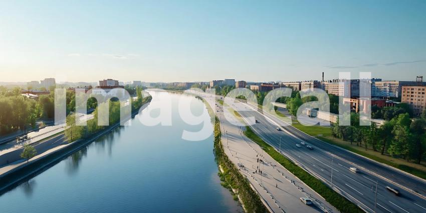 Panoramic Cityscape River Road and Urban Development