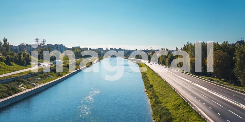 Serene River and Roadscape A Panoramic View
