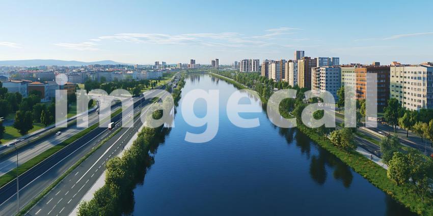 Panoramic Cityscape Riverfront Metropolis Aerial View