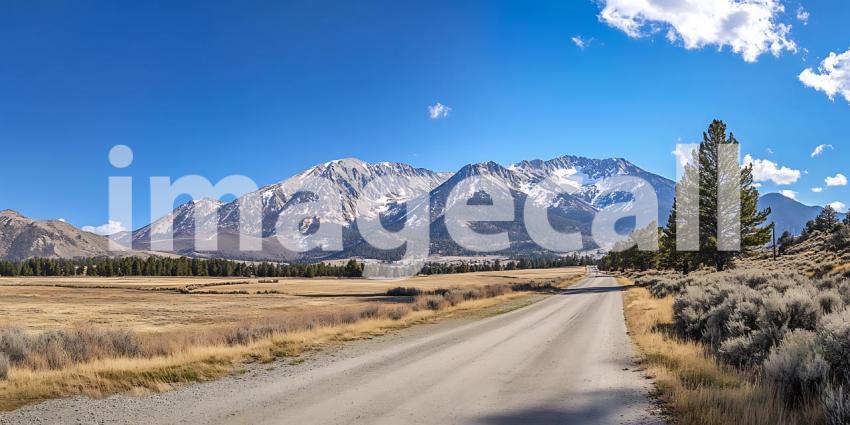 Panoramic Mountain Vista Scenic Dirt Road and SnowCapped Peaks