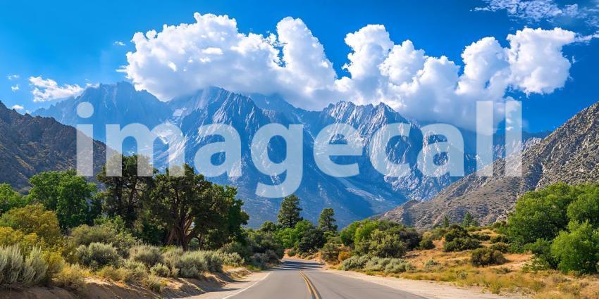 Stunning Mountain Landscape Scenic Road Blue Sky Puffy Clouds De