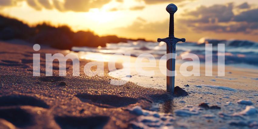 Epic Sword in Sunset Seascape Beach Ocean and Weaponry Photograp