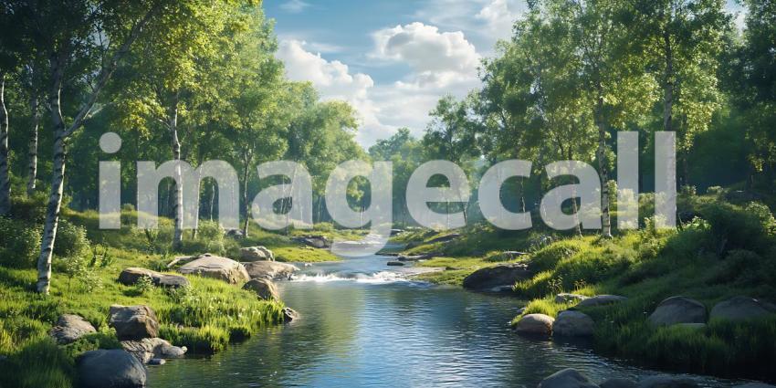 Lush Forest River Scene Tranquil Nature Photography for Backgrou