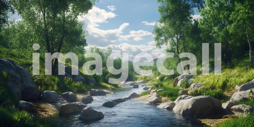 Serene River Scene Lush Forest Sunny Sky Tranquil Nature Photogr