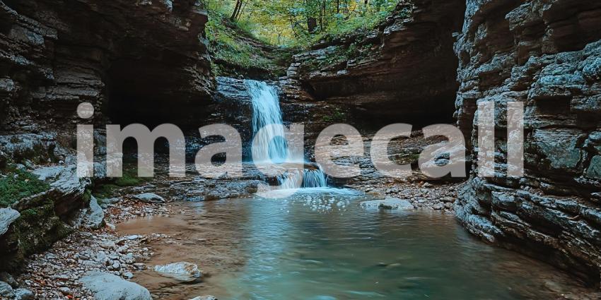 Serene Waterfall in Lush Green Forest Stunning Nature Photograph