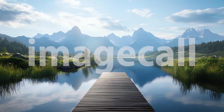 Serene Mountain Lake Scenic Vista with Wooden Dock