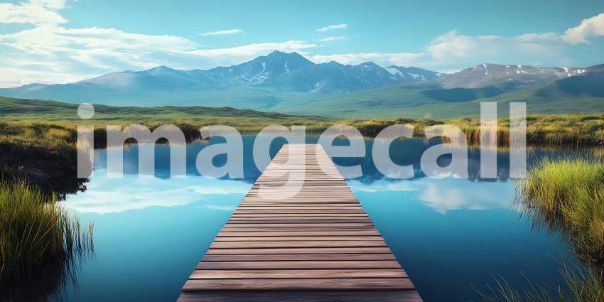 Serene Lake and Mountain Vista A Tranquil Wooden Dock Scene