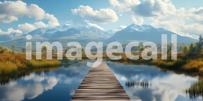 Serene Mountain Lake Wooden Dock Scenic Vista Tranquil Nature