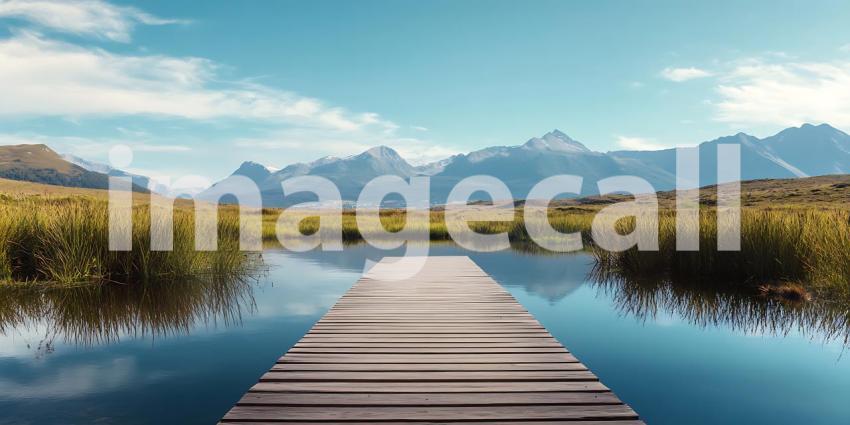 Serene Mountain Lake Wooden Dock  Peaceful Landscape