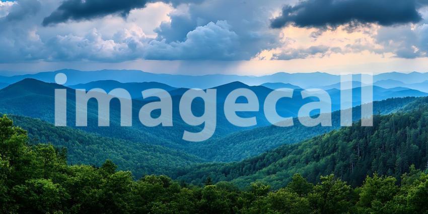 Majestic Mountain Range Panorama Dramatic Cloudscape Over Lush G