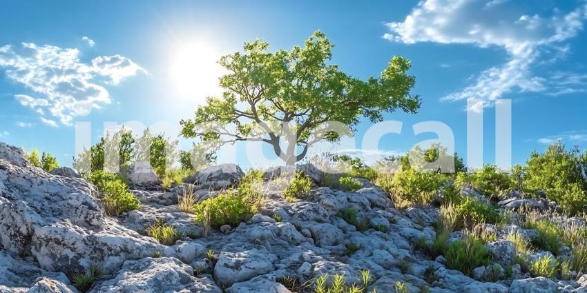 Stunning Sunny Landscape Vibrant Tree  Rocky Terrain
