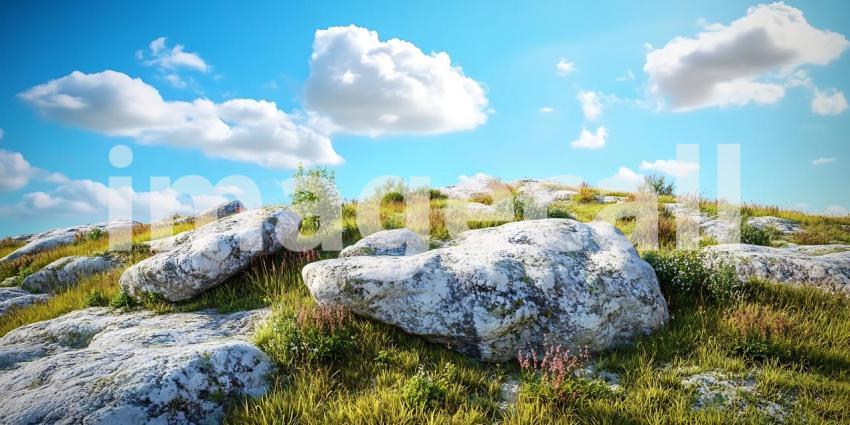 Stunning Sunny Landscape Rocks Meadow Blue Sky