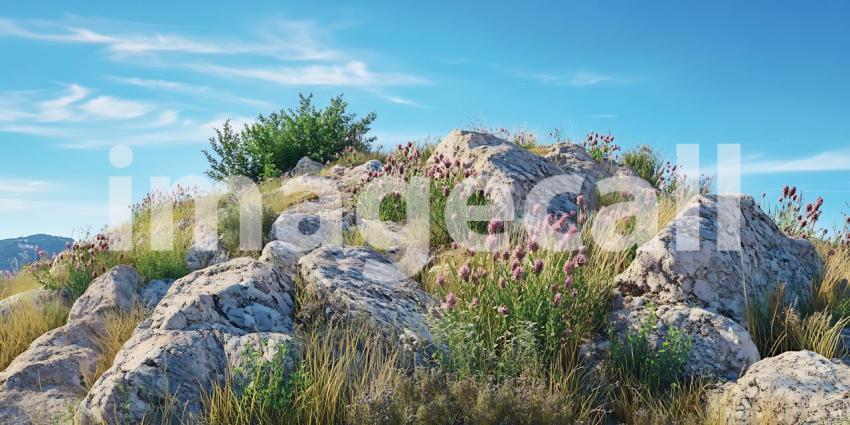 Rocky Hilltop Landscape Summer Meadow Plants and Clear Sky