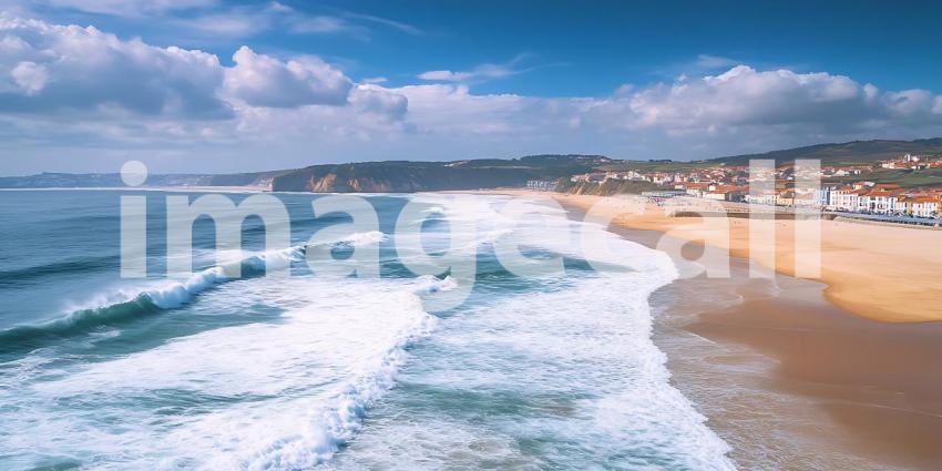 Ocean Waves Crashing on Sandy Beach with Coastal Town
