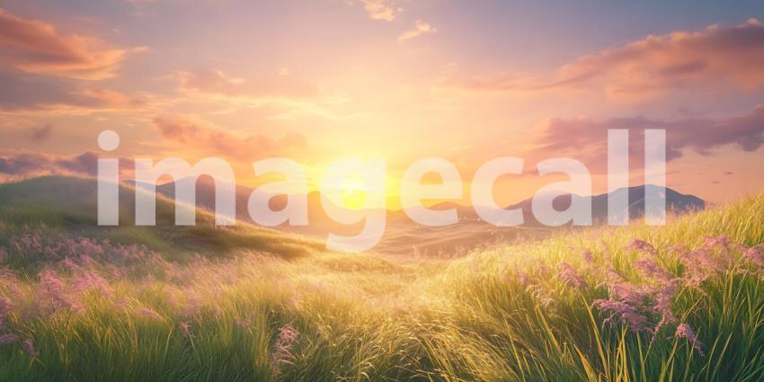 Serene Sunrise Over Rolling Hills and Wildflowers