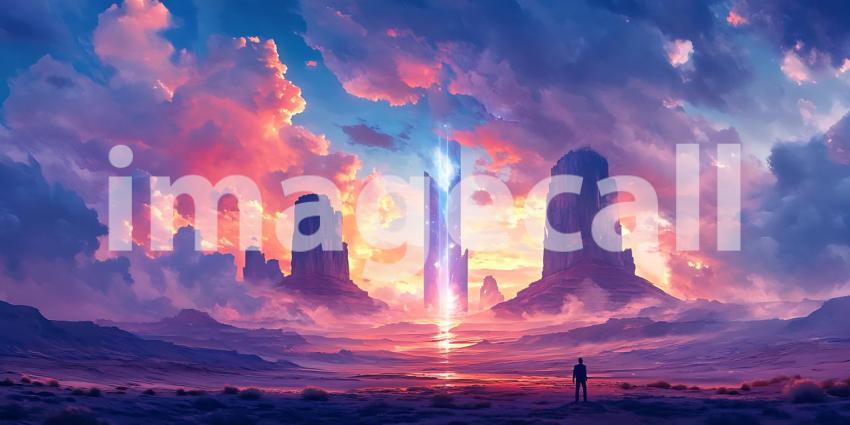 Epic Fantasy Cityscape Vibrant Sunset Futuristic Tower and Dream