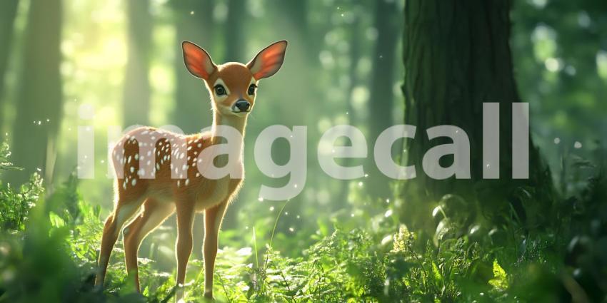 Fawn in Forest Majestic Deer in Sunlit Woods