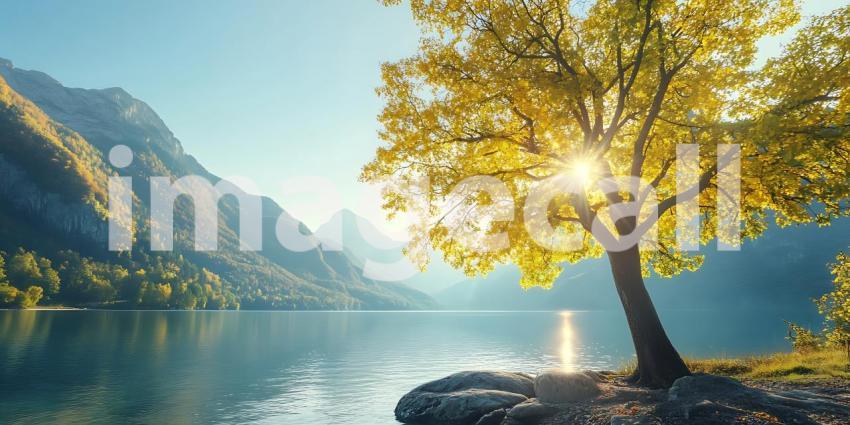 Golden Autumn Tree by Serene Lake Mountain Landscape