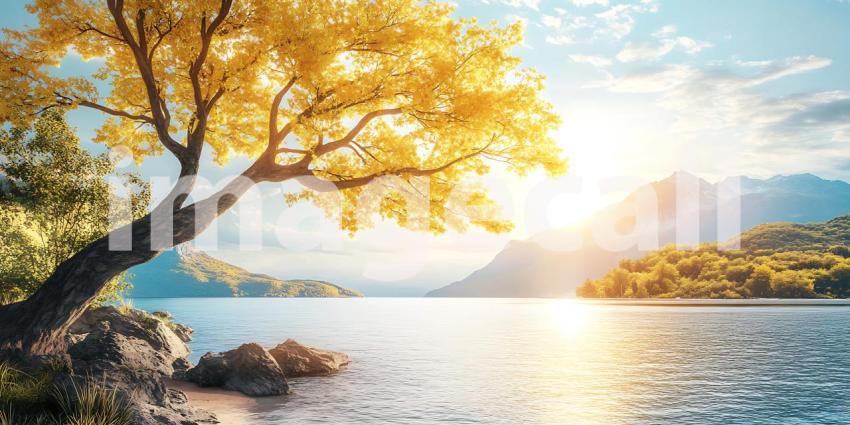 Golden Autumn Tree by Calm Lake Stunning Nature Scene